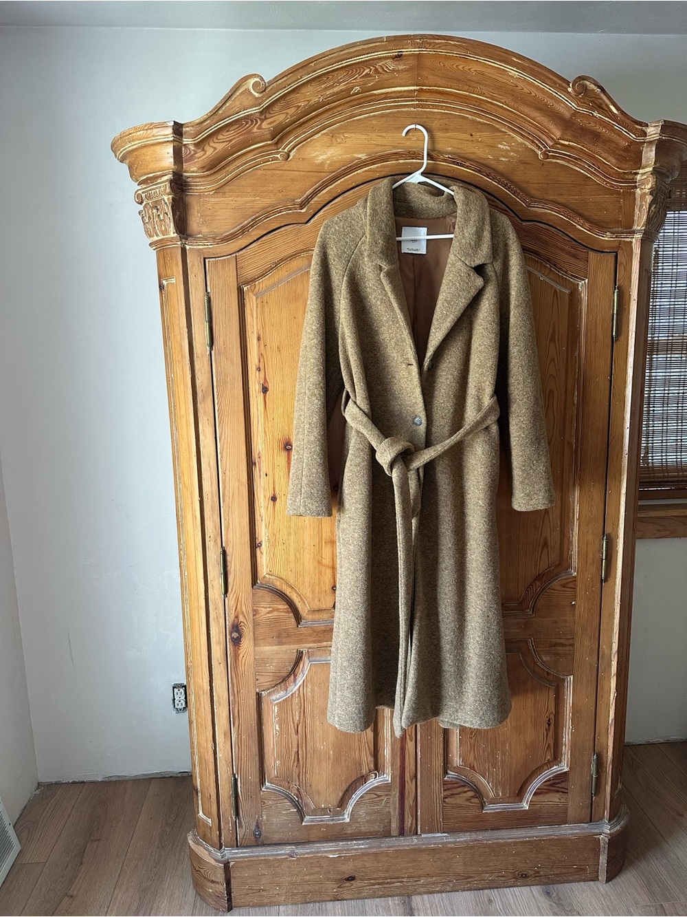 Mango MNG Oat Tan Heathered Long Wool Blend Coat tie and button front size SM - Picture 6 of 7